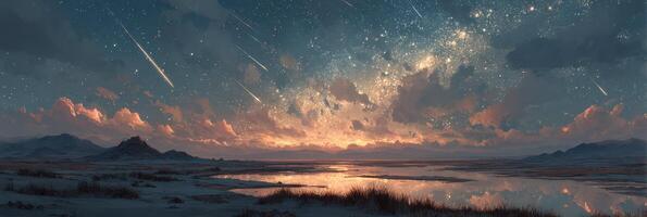 Stunning meteor shower illuminates night sky over serene lake and mountains at dusk photo