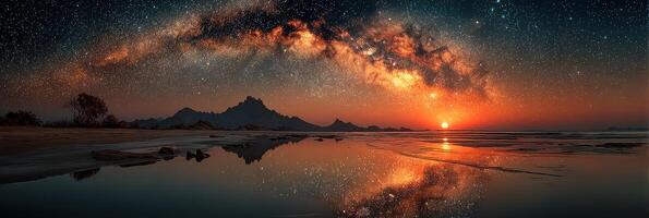 Stunning night sky over serene beach with mountain reflection and rising sun capturing the beauty of the cosmos at twilight photo