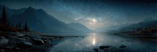 Night sky illuminated by stars over tranquil lake surrounded by mountains in serene landscape photo