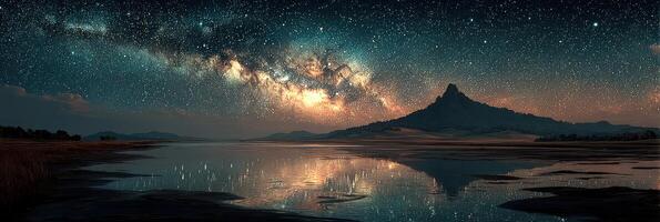 Night sky filled with stars reflects on serene lake near mountain during clear summer evening photo
