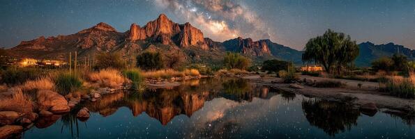 Stunning reflection of the Milky Way over a tranquil desert landscape near Superstition Mountains at night photo