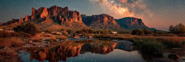 Majestic desert landscape under a starry night sky with reflections on calm water near mountains photo