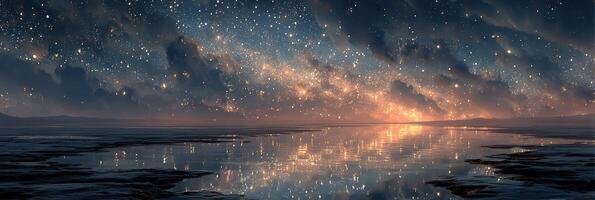 Stunning night sky reflects over calm waters in a tranquil landscape photo