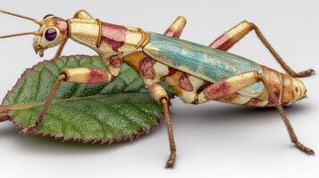 Colorful grasshopper resting on a green leaf in a natural outdoor setting during daylight photo