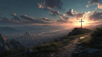 Sunset over a valley with a cross on a hilltop overlooking a city photo