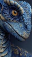 Lifelike blue dinosaur creature with intricate scales and golden eye against a dark background photo