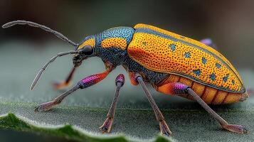 Brightly colored beetle on green leaf showcasing intricate patterns in nature photo