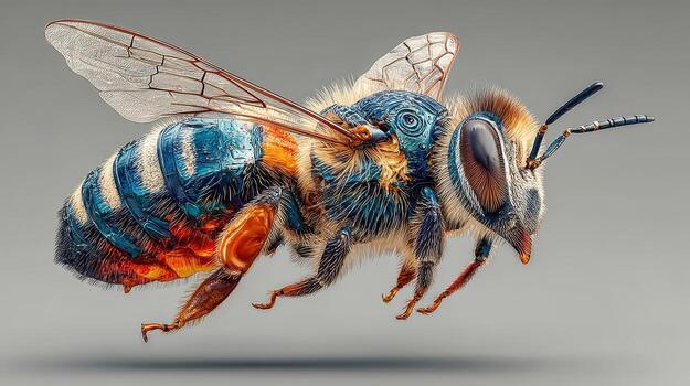 Insect close-up shows intricate details of a bee in vibrant colors and textures photo