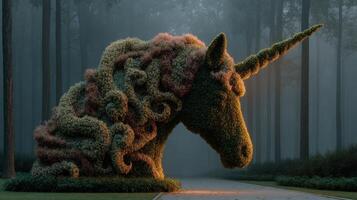 Intricate topiary unicorn sculpture illuminated by morning light in a serene forest setting photo