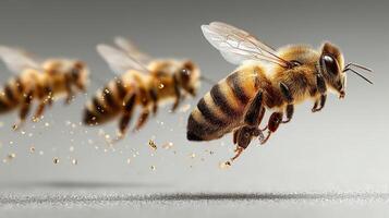 Bees flying in close formation while collecting nectar during daylight hours in a garden setting photo
