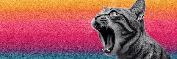 Majestic tabby cat yawning in front of a vibrant gradient background showcasing colorful hues of orange, pink, and blue photo