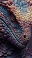 Dramatic close-up of colorful dragon-like creature showcasing intricate scales and expressive eyes in an artistic representation photo