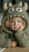 Child with curly hair in playful monster hoodie shows thoughtful expression indoors during daytime photo