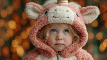 Child in pink unicorn costume gazes thoughtfully against a backdrop of soft glowing lights during a festive season photo