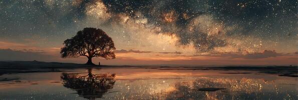 Starry night sky reflecting on water with a single tree at twilight in a serene landscape photo