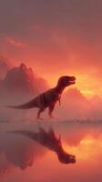 Dinosaur stands majestically against a vibrant sunset sky in a serene mountain landscape photo