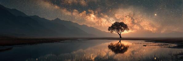 Stars illuminate a tranquil landscape with a solitary tree and mirrored reflections at night photo