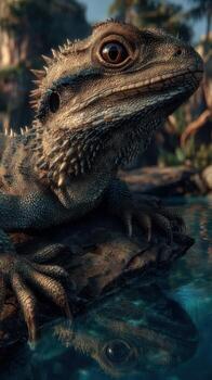 Detailed close-up of a bearded dragon resting on a rock beside a tranquil water source in a natural habitat during daylight photo