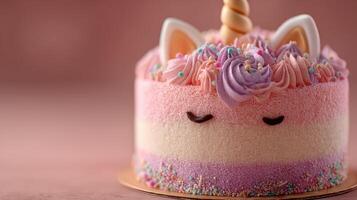 Celebration cake decorated with pastel colors and unicorn features at a birthday party photo