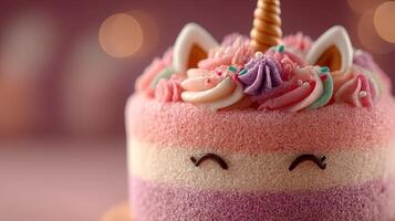 Colorful unicorn-themed cake decorated with frosting and a golden horn for a celebration photo