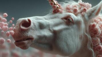 Elegant white unicorn surrounded by pink flowers in a mystical setting photo