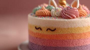 Colorful layered cake decorated with frosting and sprinkles on a festive table setting photo