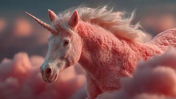 Majestic pink unicorn galloping through fluffy clouds during a vibrant sunset photo