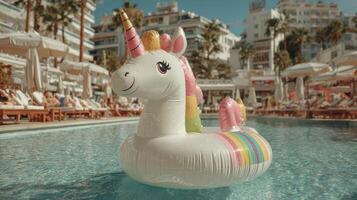 Colorful unicorn float sits in a shimmering pool surrounded by sun loungers and palm trees during a sunny day photo