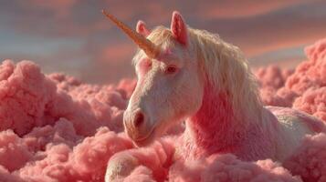 Magical unicorn resting among fluffy pink clouds at sunset in a dreamy landscape with vibrant colors photo
