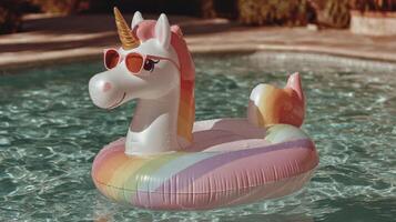 Colorful unicorn floatie enjoys a sunny day at the pool with sparkling water reflections and vibrant surroundings photo