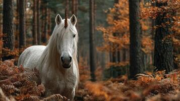 Mystical unicorn standing among autumn foliage in a serene forest clearing during golden hour photo