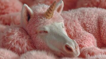 Soft unicorn resting in a fluffy pink environment during daylight photo