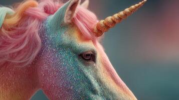 Colorful unicorn with shimmering mane poses gracefully in a dreamy landscape during a peaceful twilight hour photo