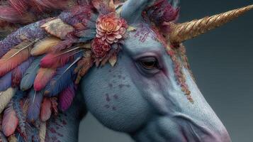 Colorful unicorn with floral decorations showcases intricate details and artistic design in a vibrant fantasy setting photo