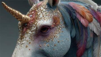 Decorative unicorn head with vibrant feathers and intricate textures showcasing fantasy art photo