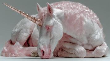 Soft and whimsical pink unicorn resting peacefully in an indoor space photo