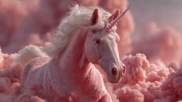 Mythical unicorn resting among pink clouds in a dreamy, surreal landscape at sunset photo