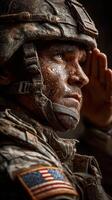 Soldier in tactical gear salutes with determination during a military drill at sunrise photo