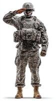 Soldier in military uniform salutes with respect and pride during a ceremonial event in a neutral background photo
