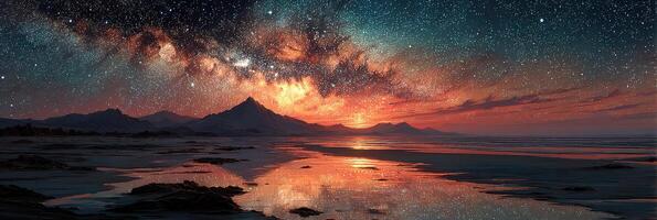 Stunning sunset reflects on calm waters under a starry sky with mountain silhouettes in the distance photo
