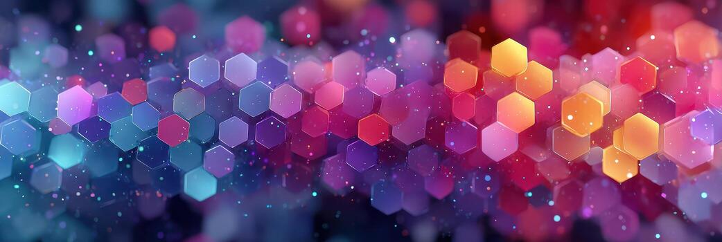 Colorful geometric pattern filled with vibrant hexagonal shapes and blurred lights in an artistic display photo