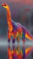 Colorful dinosaur stands in misty water during sunset in a prehistoric landscape photo