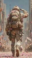 Soldier in camouflage uniform salutes while walking through a parade with petals falling in a city setting during a sunny day photo