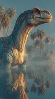 Dinosaur stands majestically in a misty lagoon surrounded by palm trees during dawn light photo