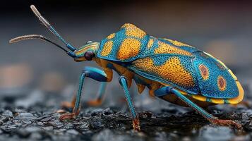 Brightly colored bug crawling along a wet surface in a natural habitat under soft daylight photo