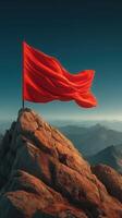 Red flag waves proudly atop a rocky mountain under a clear blue sky during sunset photo