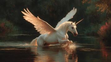 Majestic winged unicorn splashes in a serene river during the golden hour photo