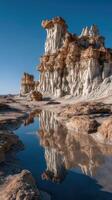 Unique rock formations reflect in a calm pool at the scenic location during midday sun photo