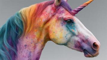 Colorful unicorn head with vibrant hues and artistic splashes displayed against a neutral background photo