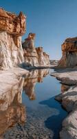 Stunning rock formations reflected in a calm river under a clear blue sky in a remote desert landscape photo